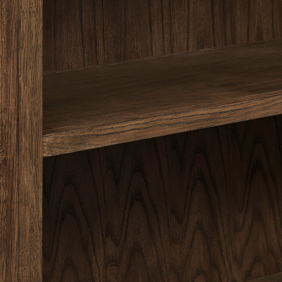 Anwen Solid Wood and Glass Display Cabinet close-up of dark brown wood panels and shelf edge on Tampa Home & Garden Store