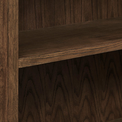Anwen Solid Wood and Glass Display Cabinet close-up of dark brown wood panels and shelf edge on Tampa Home & Garden Store