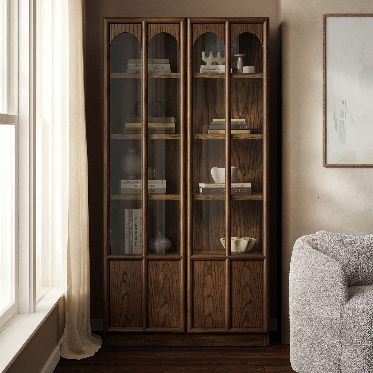 Anwen Solid Wood and Glass Display Cabinet by Modway, dark wood finish with arched glass doors on Tampa Home & Garden Store