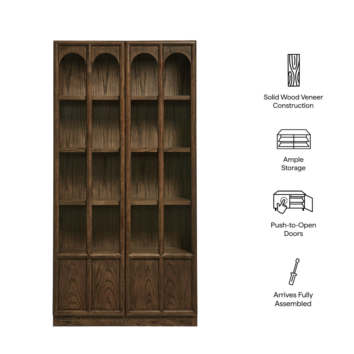 Anwen solid wood and glass display cabinet by Modway in dark wood veneer with arched shelves on Tampa Home & Garden Store