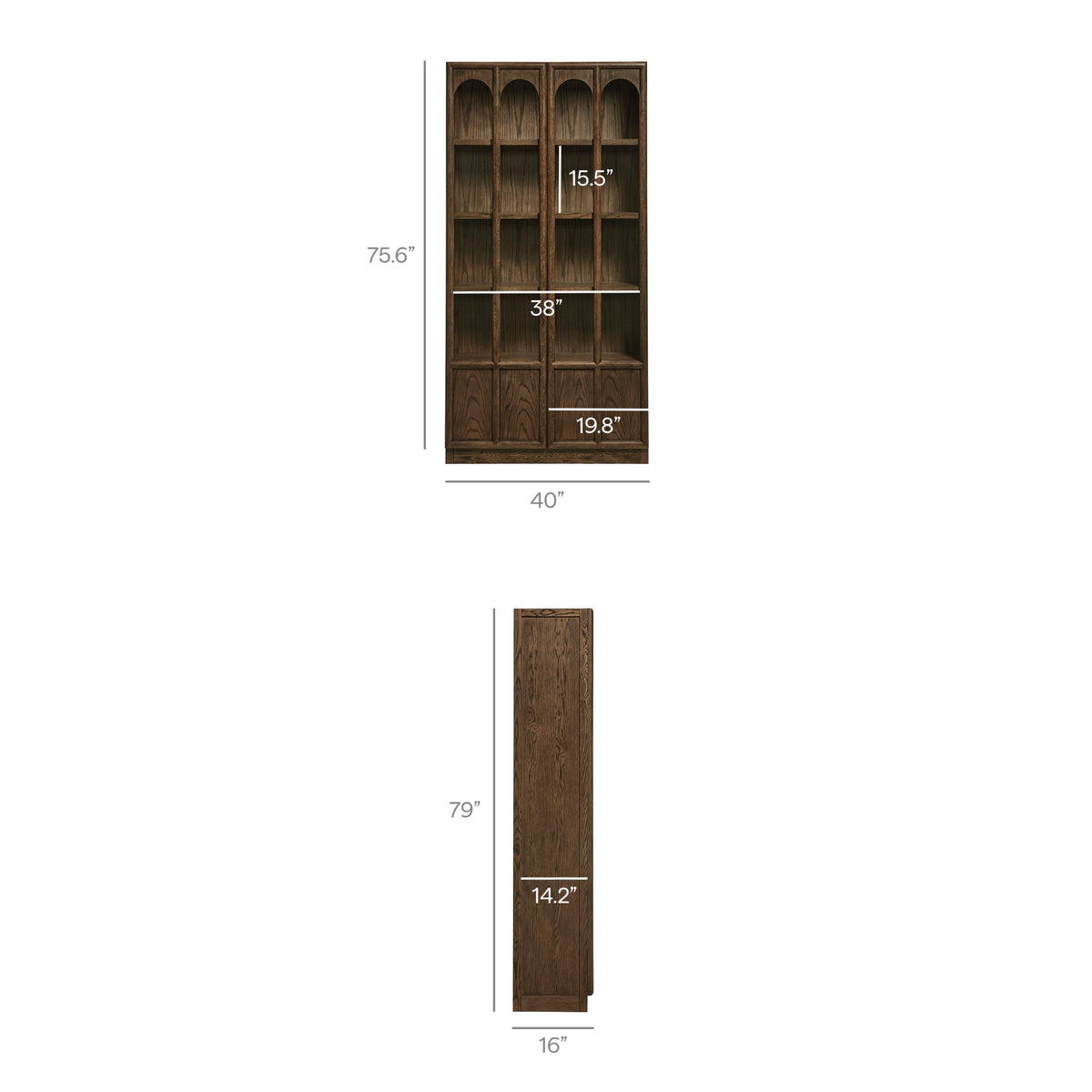 Anwen solid wood and glass display cabinet with four arched glass panels in dark wood finish on Tampa Home & Garden Store