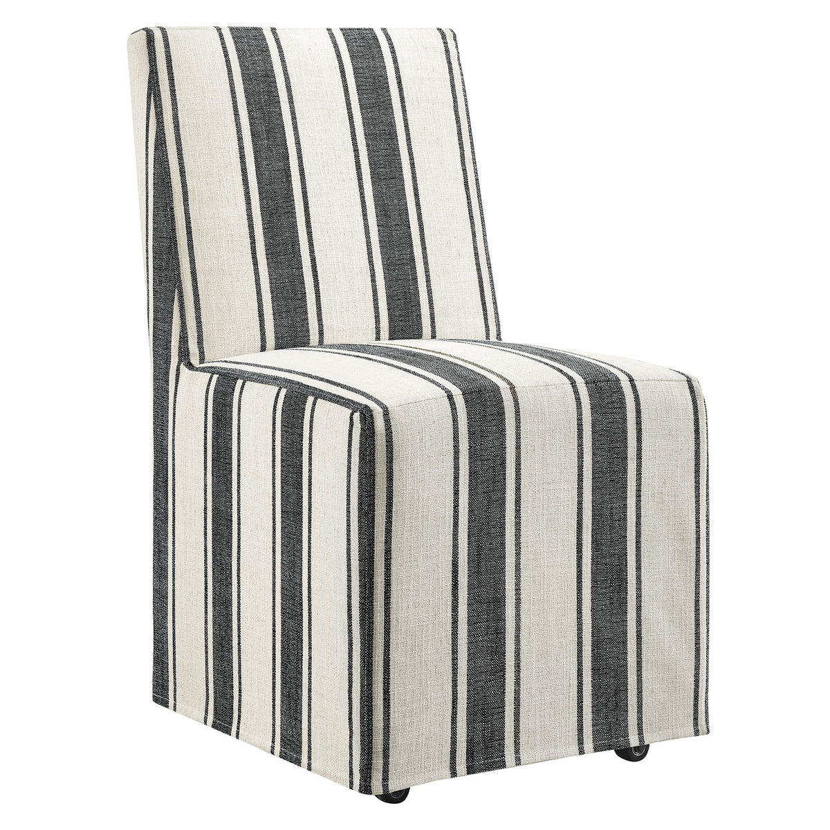 Tessera Striped Slipcovered Dining Side Chair cream fabric with navy stripes on casters on Tampa Home & Garden Store