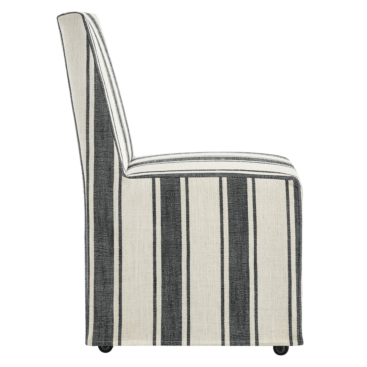 Tessera Striped Slipcovered Dining Side Chair cream with black stripes and caster wheels on Tampa Home & Garden Store