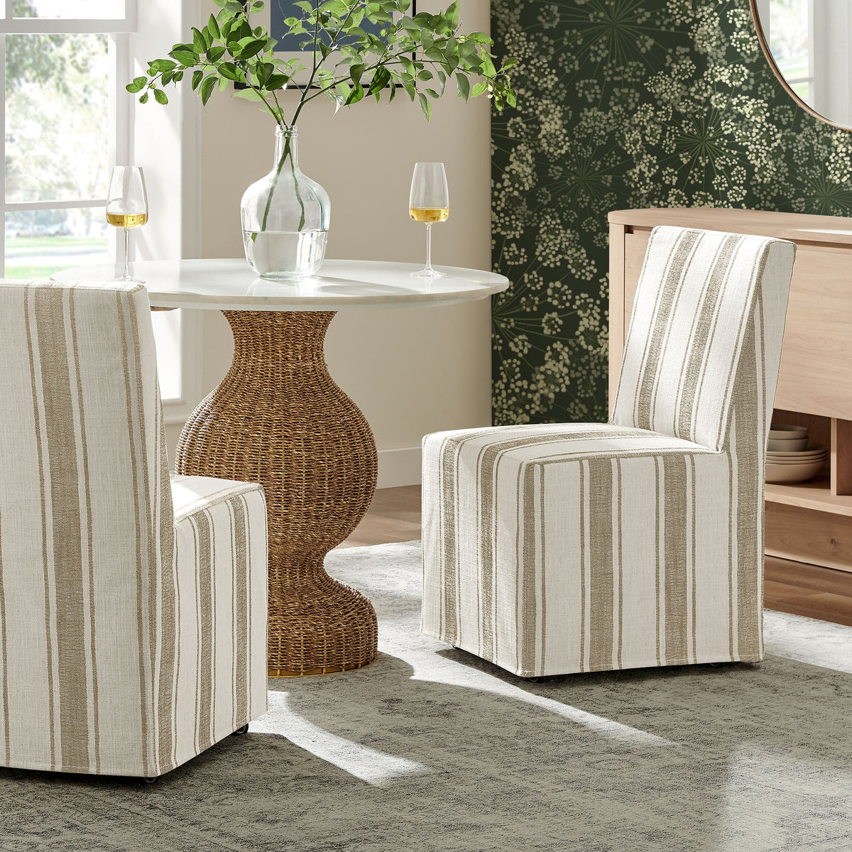 Tessera striped slipcovered dining side chairs by Modway in beige linen-look fabric on Tampa Home & Garden Store