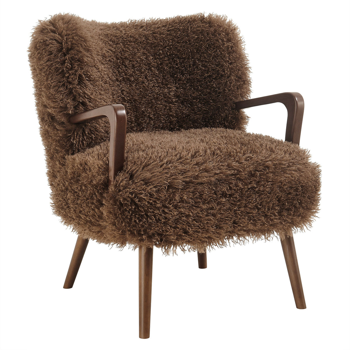 Zerra Faux Shearling Accent Armchair by Modway, brown shaggy upholstery with wooden curved arms on Tampa Home & Garden Store