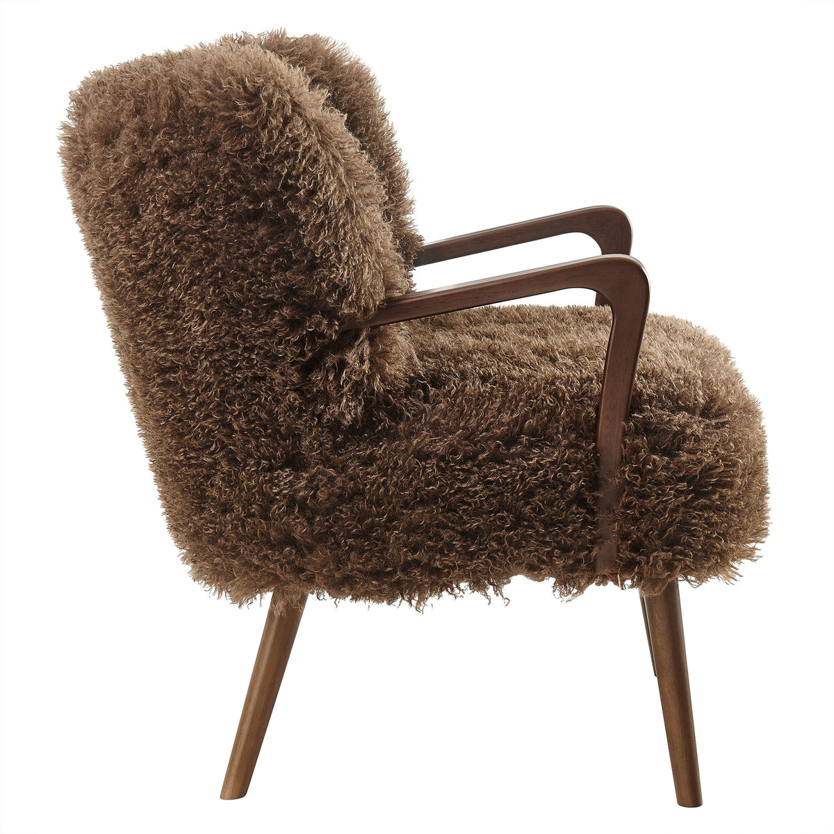Zerra Faux Shearling Accent Armchair with brown plush upholstery and curved wooden arms on Tampa Home & Garden Store