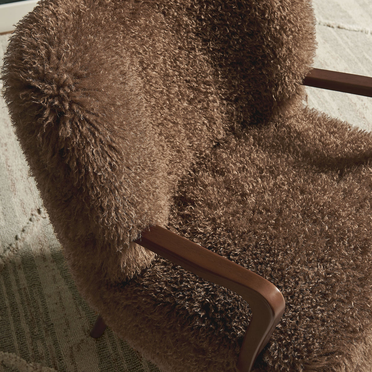 Zerra faux shearling accent armchair by Modway in warm brown with wood armrests on Tampa Home & Garden Store
