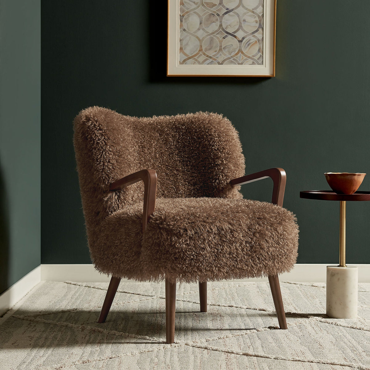 Zerra faux shearling accent armchair with brown shag upholstery and wooden legs on Tampa Home & Garden Store