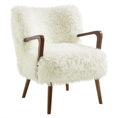 Zerra Faux Shearling Accent Armchair ivory with wooden arms and legs by HouseOfZazla on Tampa Home & Garden Store