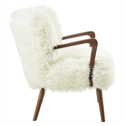 Zerra Faux Shearling Accent Armchair by Modway, white fluffy upholstery, wooden arms on Tampa Home & Garden Store