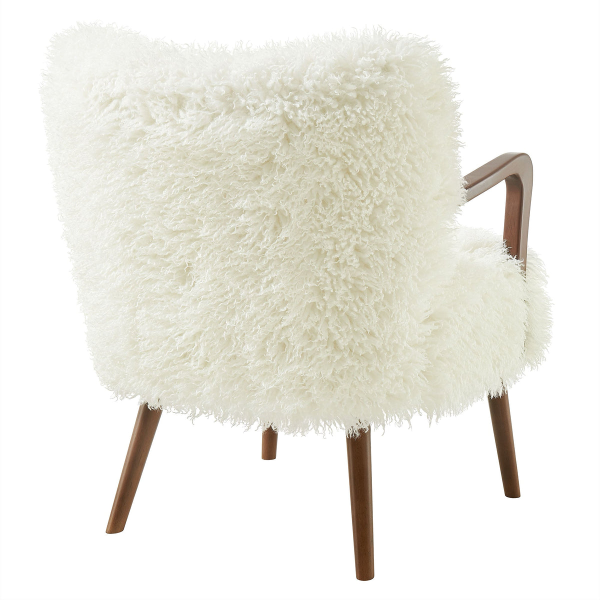 Zerra faux shearling accent armchair with white fluffy upholstery and wooden legs on Tampa Home & Garden Store
