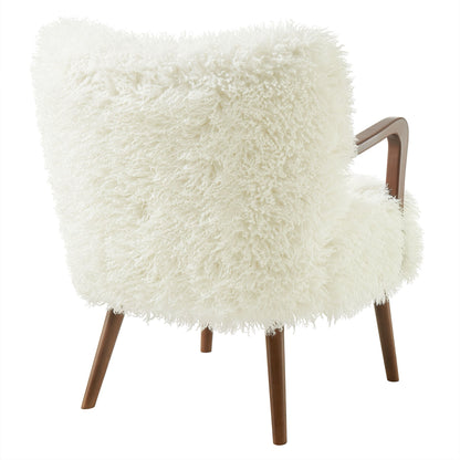Zerra faux shearling accent armchair with white fluffy upholstery and wooden legs on Tampa Home & Garden Store