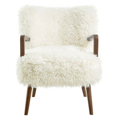 Zerra Faux Shearling Accent Armchair with fluffy white upholstery and wooden legs on Tampa Home & Garden Store