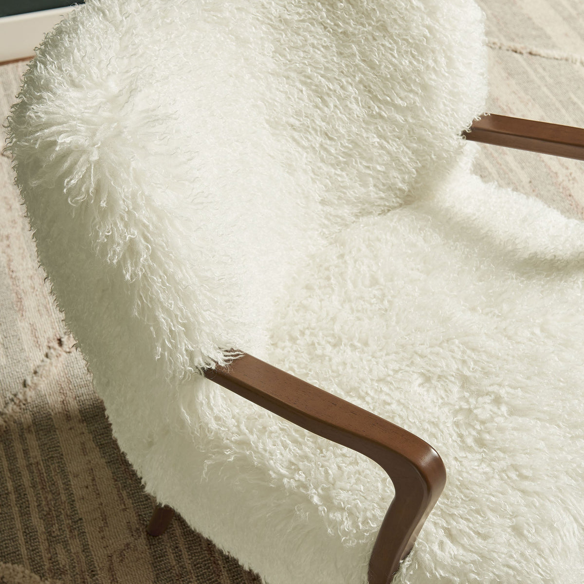 Zerra Faux Shearling Accent Armchair by Modway, white fluffy upholstery with warm wood arms on Tampa Home & Garden Store