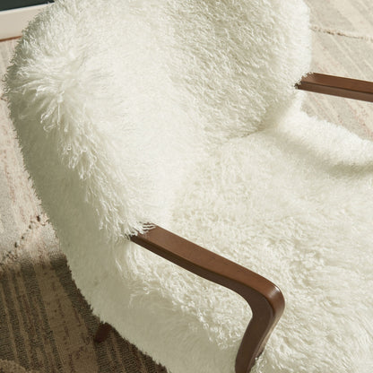 Zerra Faux Shearling Accent Armchair by Modway, white fluffy upholstery with warm wood arms on Tampa Home & Garden Store