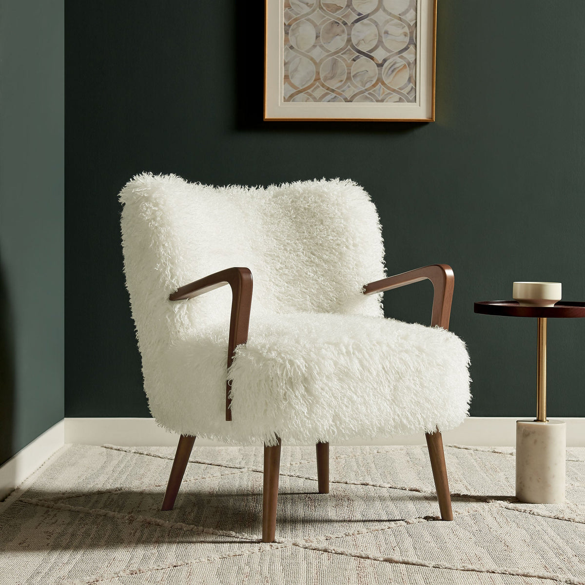 Zerra faux shearling accent armchair by Modway with white fluffy upholstery and wooden legs on Tampa Home & Garden Store
