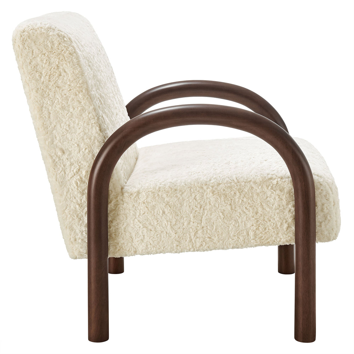 Lunet Faux Shearling Accent Armchair with cream plush upholstery and dark wood curved arms on Tampa Home & Garden Store