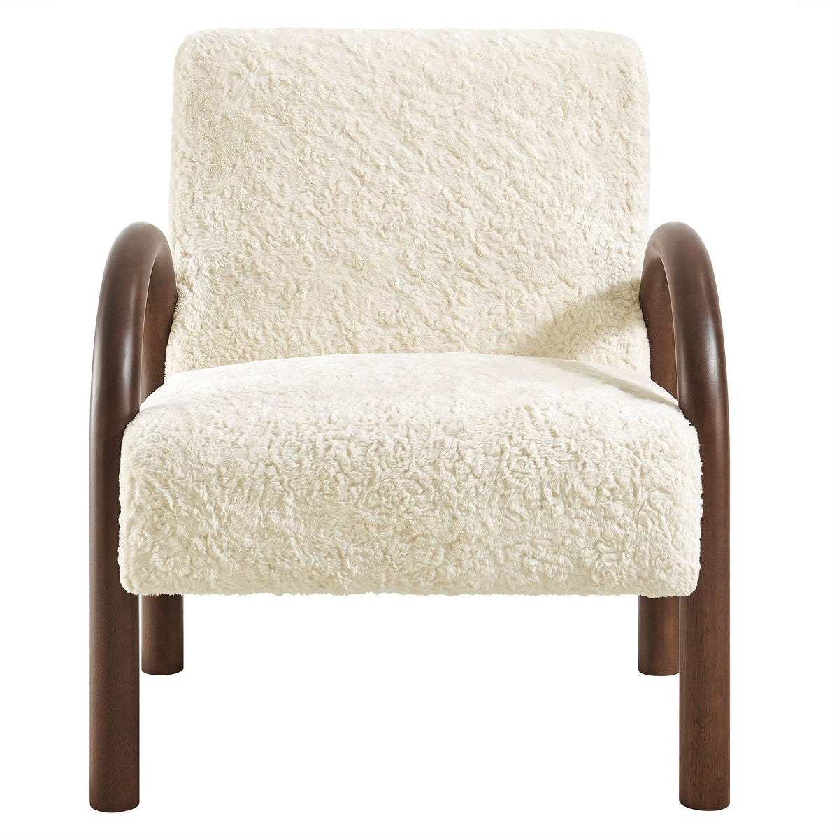 Lunet Faux Shearling Accent Armchair by Modway in cream shag with dark wood curved arms on Tampa Home & Garden Store