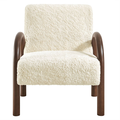 Lunet Faux Shearling Accent Armchair by Modway in cream shag with dark wood curved arms on Tampa Home & Garden Store