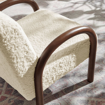 Lunet Faux Shearling Accent Armchair in cream with dark wood curved arms on Tampa Home & Garden Store