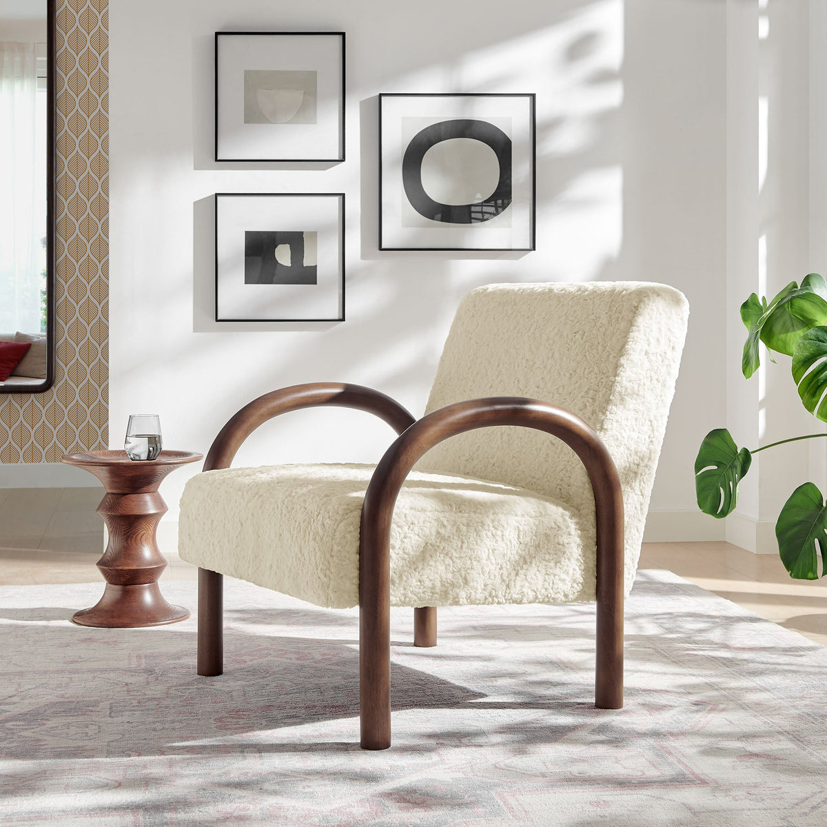 Lunet Faux Shearling Accent Armchairs, 2 cream chairs with dark wood curved arms by Modway on Tampa Home & Garden Store