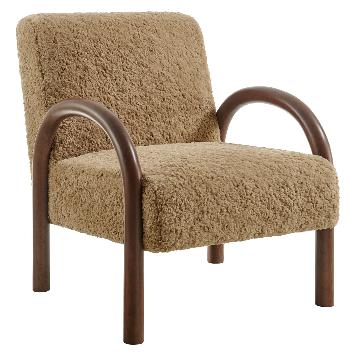 Lunet Faux Shearling Accent Armchair beige with dark wood curved arms by Modway on Tampa Home & Garden Store