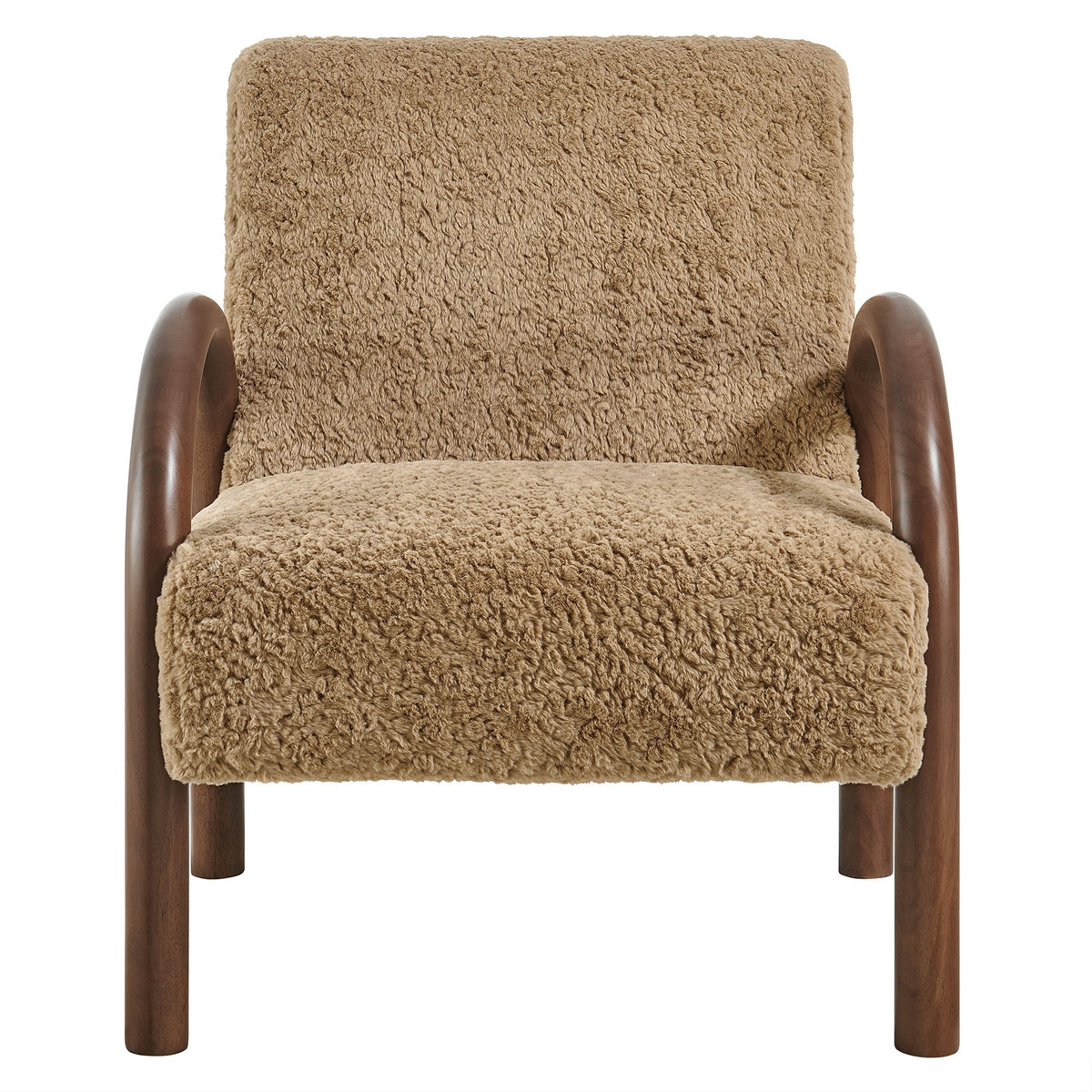 Lunet faux shearling accent armchair tan upholstery with dark wood curved arms on Tampa Home & Garden Store