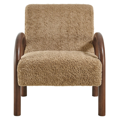 Lunet faux shearling accent armchair tan upholstery with dark wood curved arms on Tampa Home & Garden Store