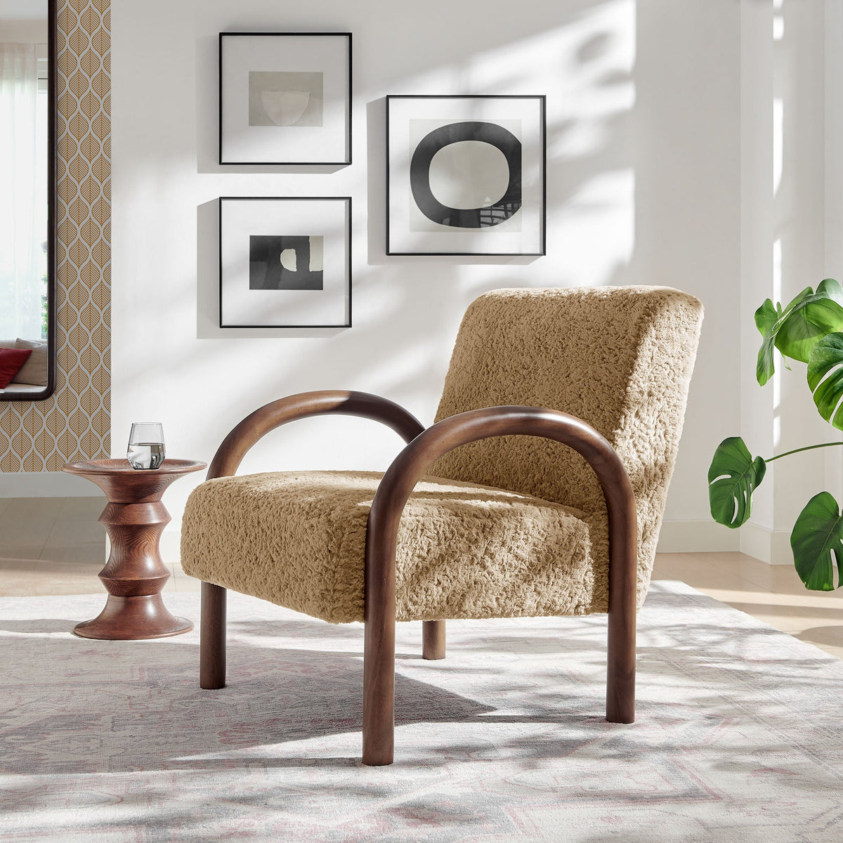 Lunet faux shearling accent armchairs by Modway in warm beige with curved wood arms HouseOfZazla on Tampa Home & Garden Store