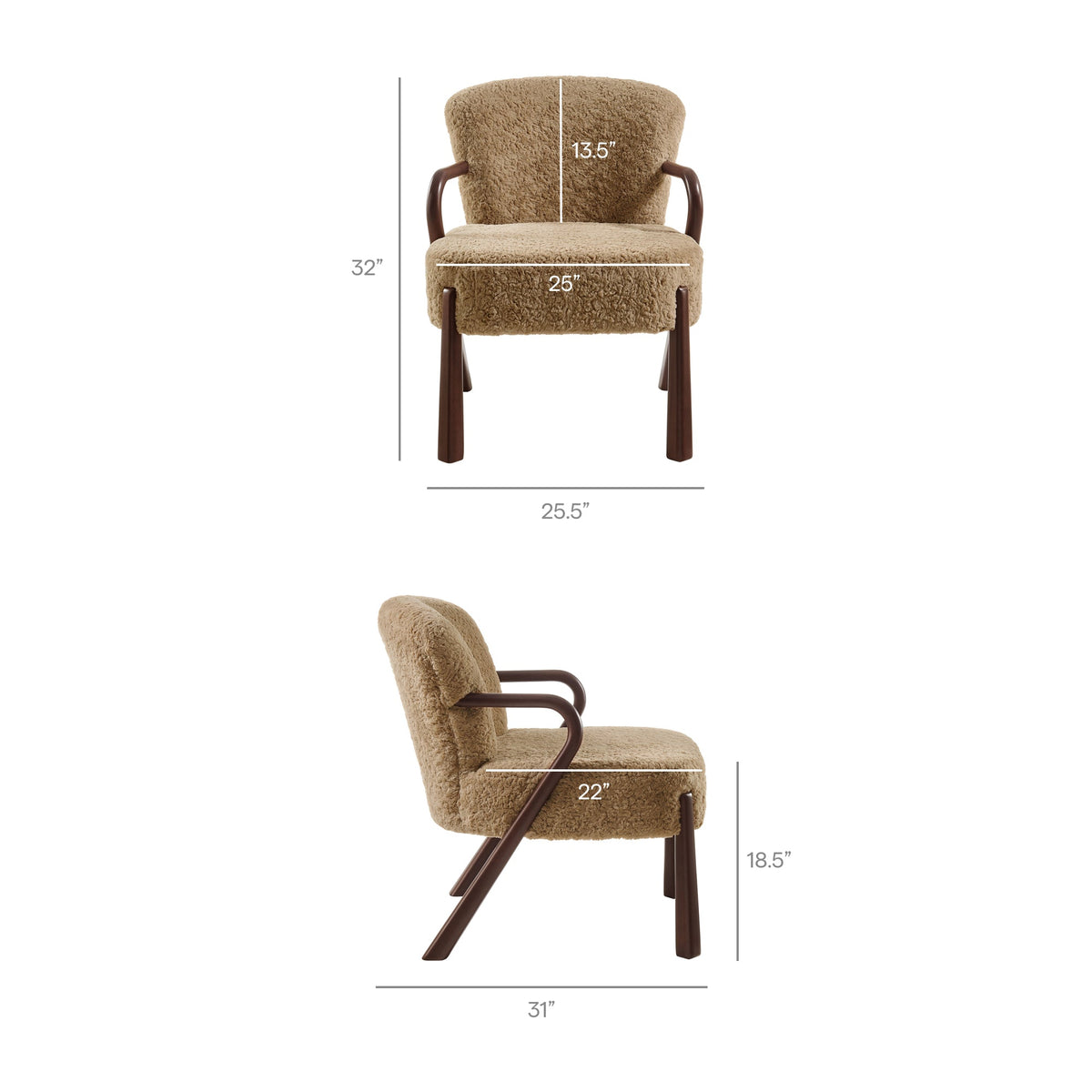Arden faux shearling accent armchair, tan boucle fabric, dark wood arms and legs, 31in wide on Tampa Home & Garden Store
