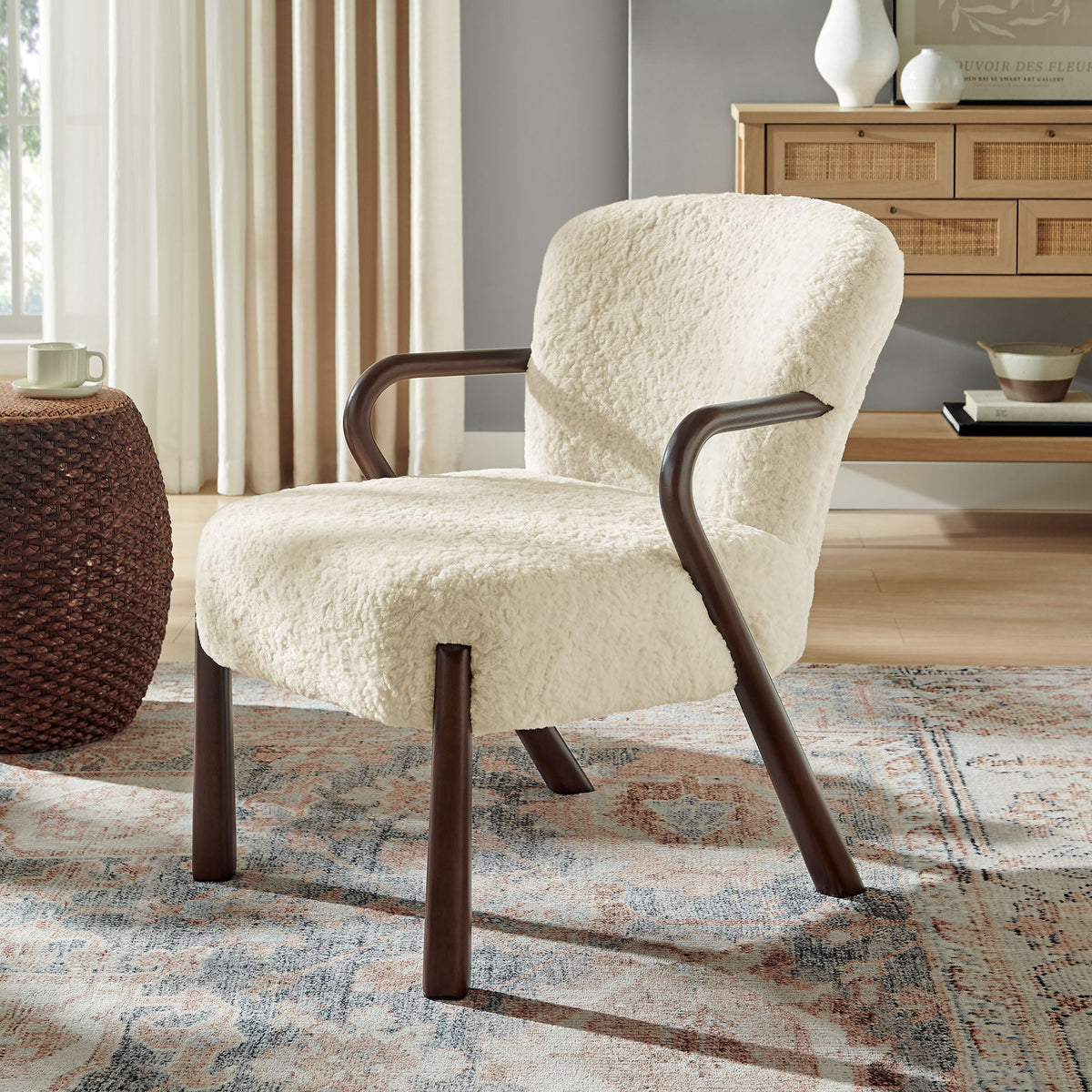 Arden Faux Shearling Accent Armchair, ivory plush upholstery with dark wood curved arms on Tampa Home & Garden Store