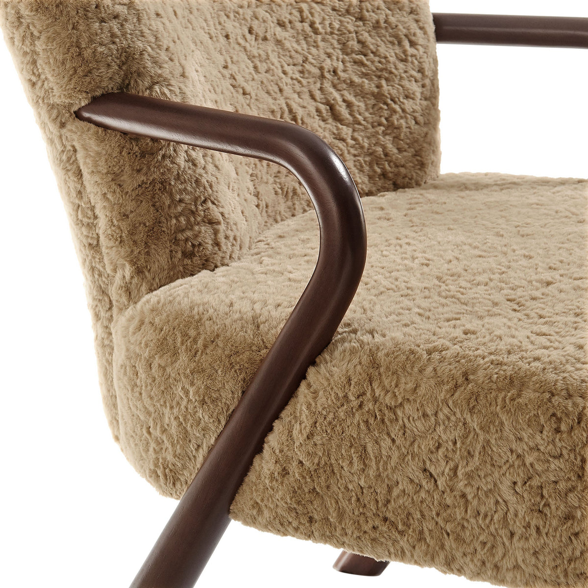 Arden faux shearling armchair by Modway with beige fabric and dark wood armrest on Tampa Home & Garden Store