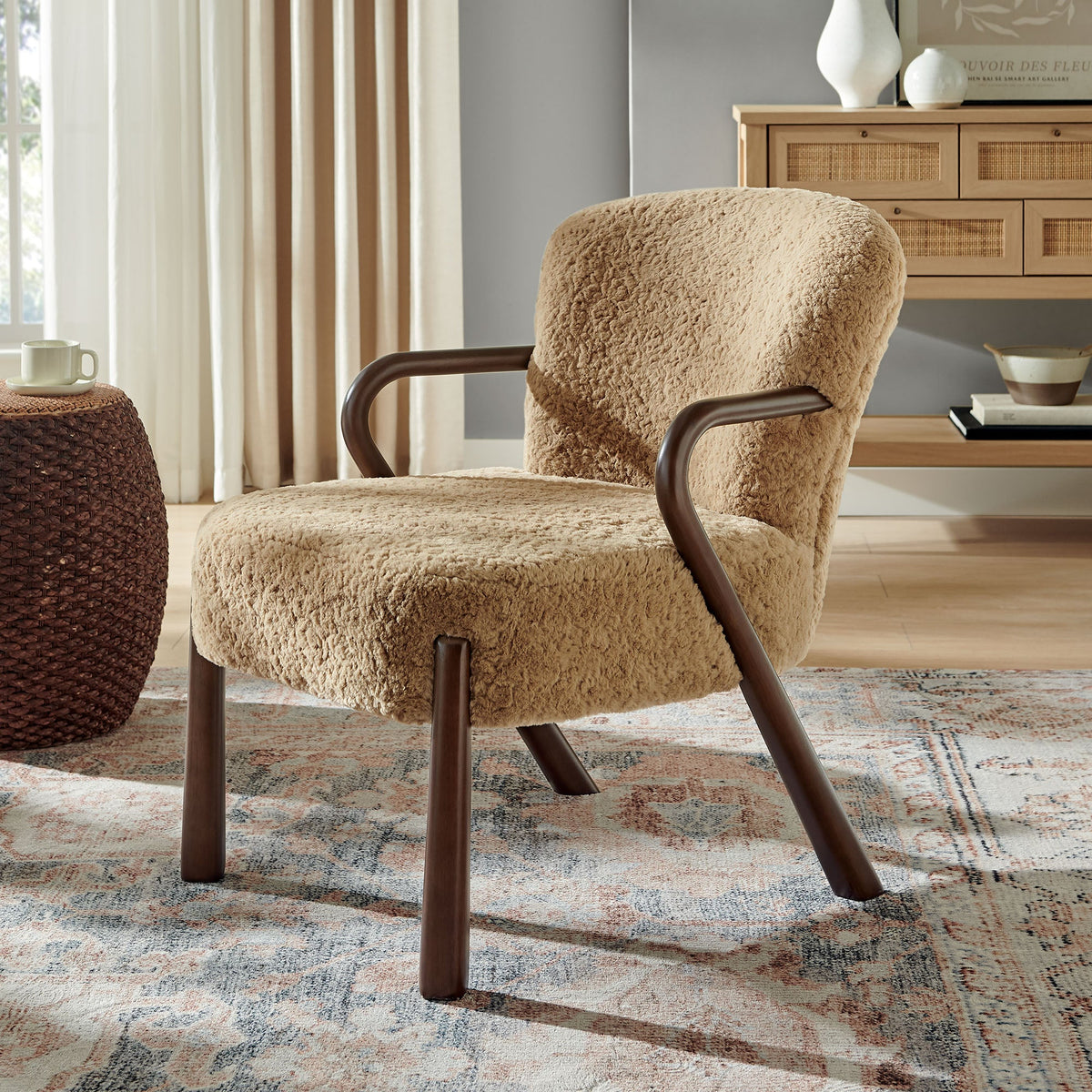 Arden faux shearling accent armchair in beige with dark wood arms by Modway on Tampa Home & Garden Store