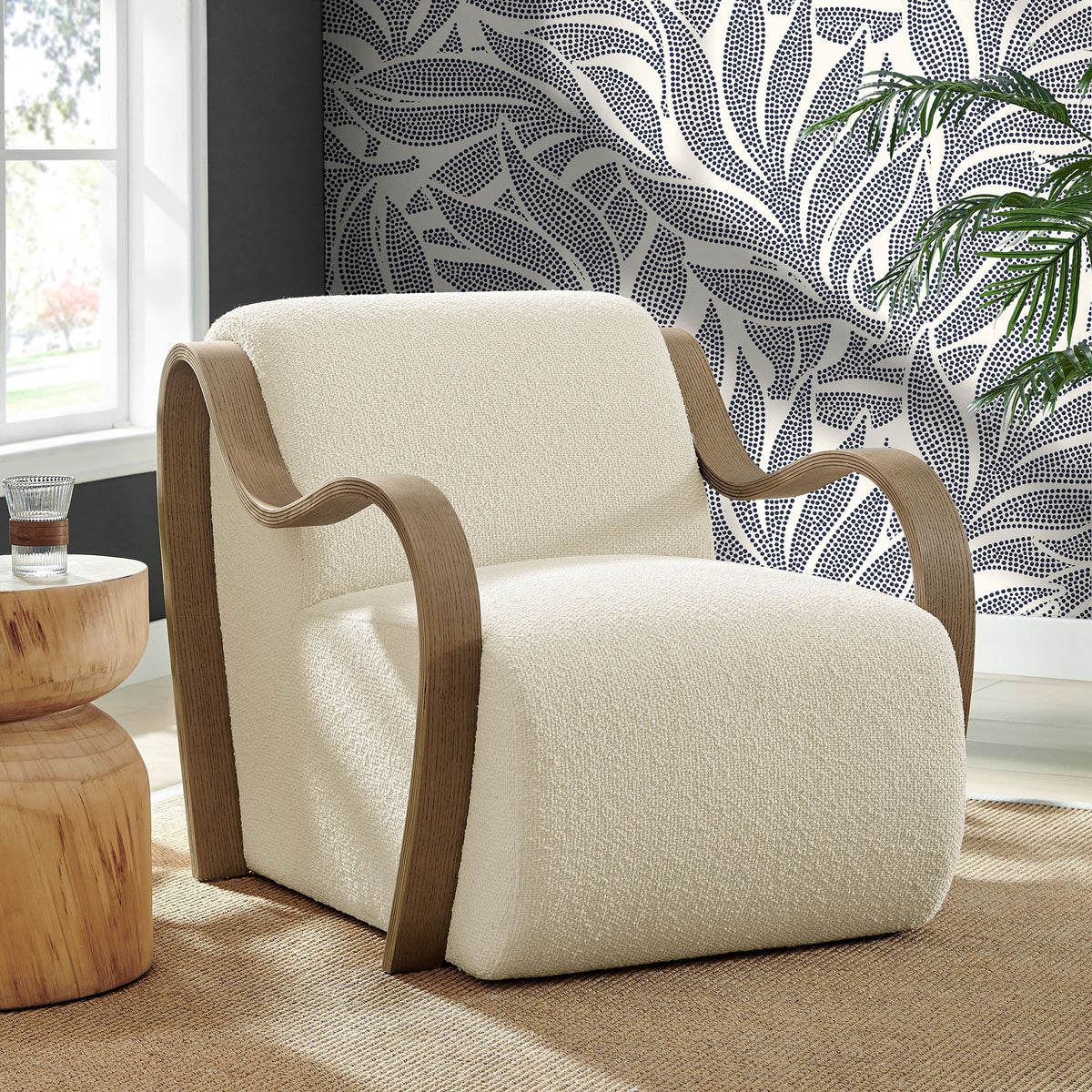 Atrium Lattice Boucle Accent Armchair cream boucle upholstery with wood curved arms Modway on Tampa Home & Garden Store