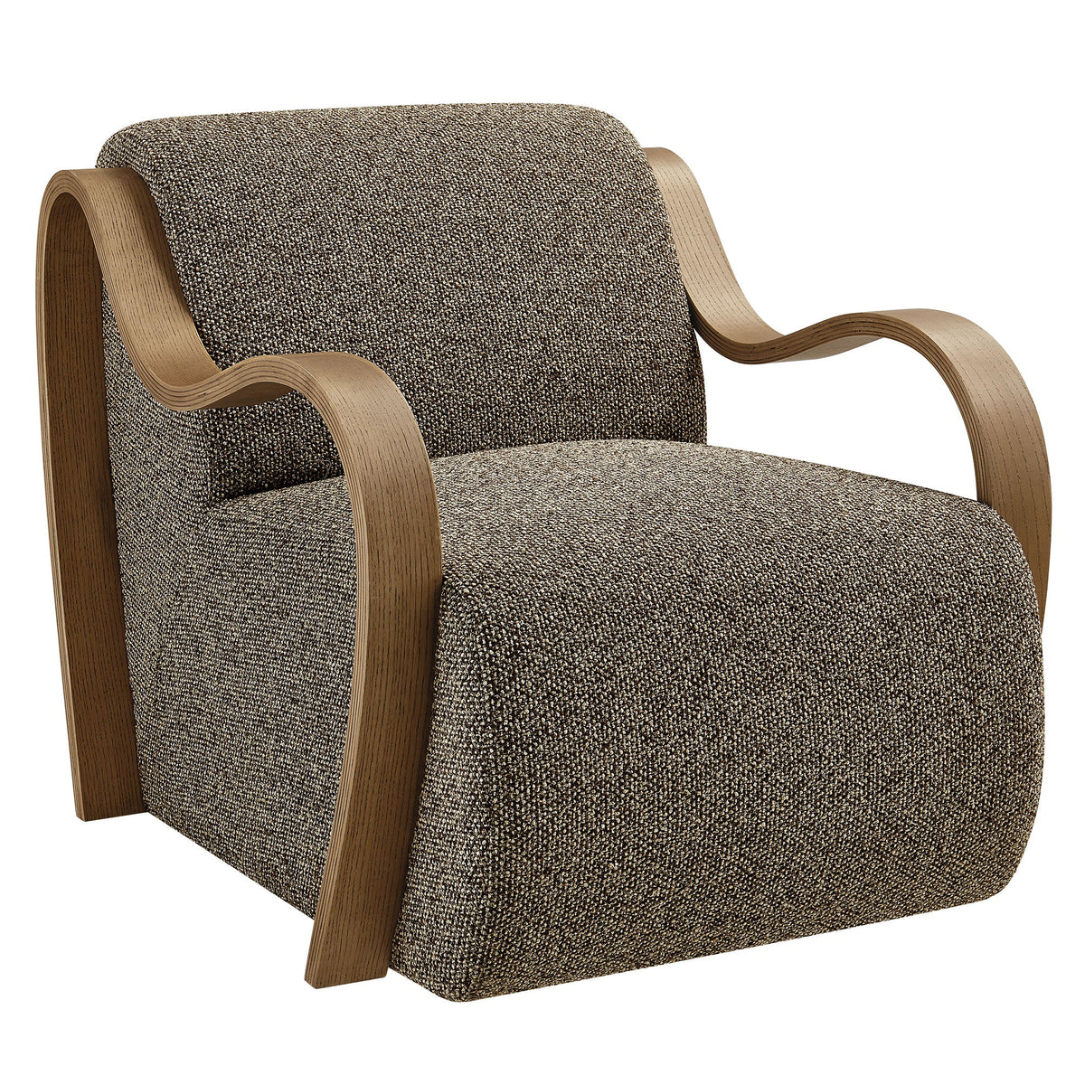 Atrium Lattice Boucle Accent Armchair with brown boucle fabric and curved wood arms on Tampa Home & Garden Store
