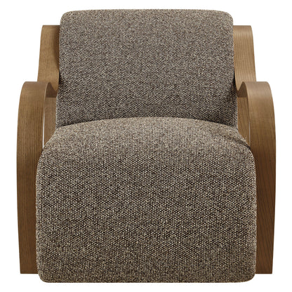 Atrium lattice boucle accent armchair brown boucle fabric with light wood curved arms on Tampa Home & Garden Store