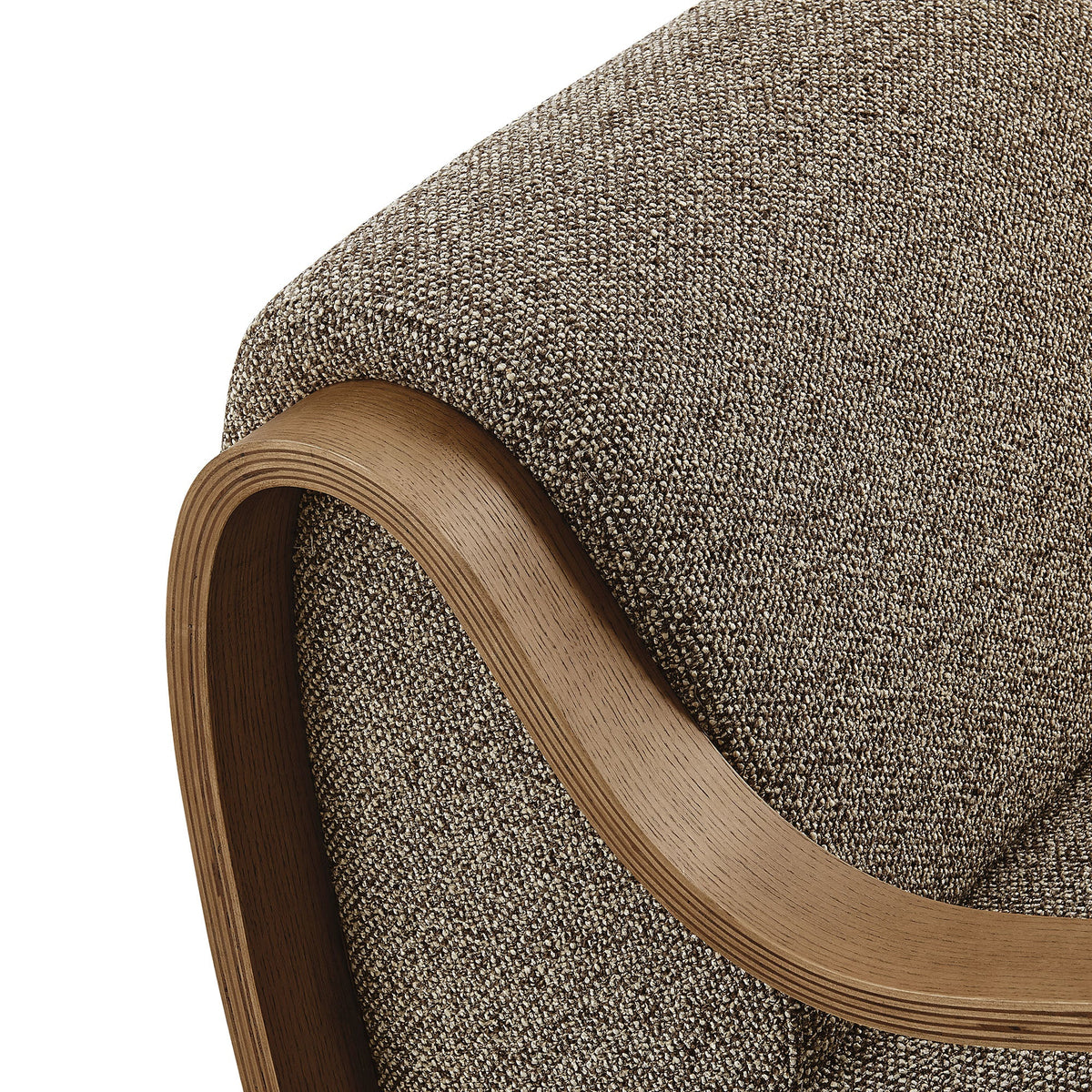 Atrium Lattice Boucle Accent Armchair HouseOfZazla brown boucle fabric with curved wooden arms on Tampa Home & Garden Store