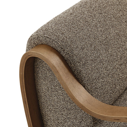 Atrium Lattice Boucle Accent Armchair HouseOfZazla brown boucle fabric with curved wooden arms on Tampa Home & Garden Store