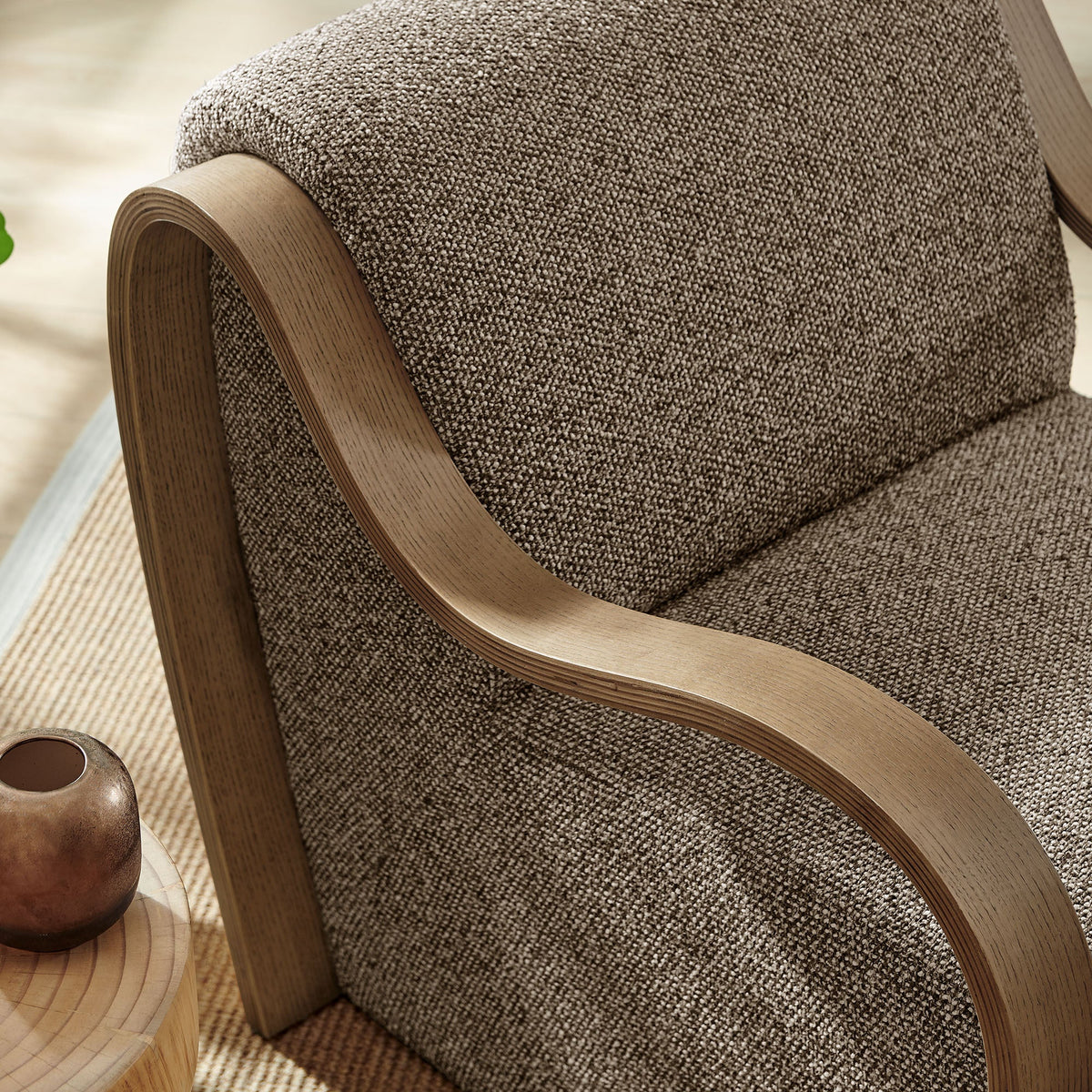 Atrium Lattice Boucle Armchair in boucle fabric with curved wood arms HouseOfZazla on Tampa Home & Garden Store