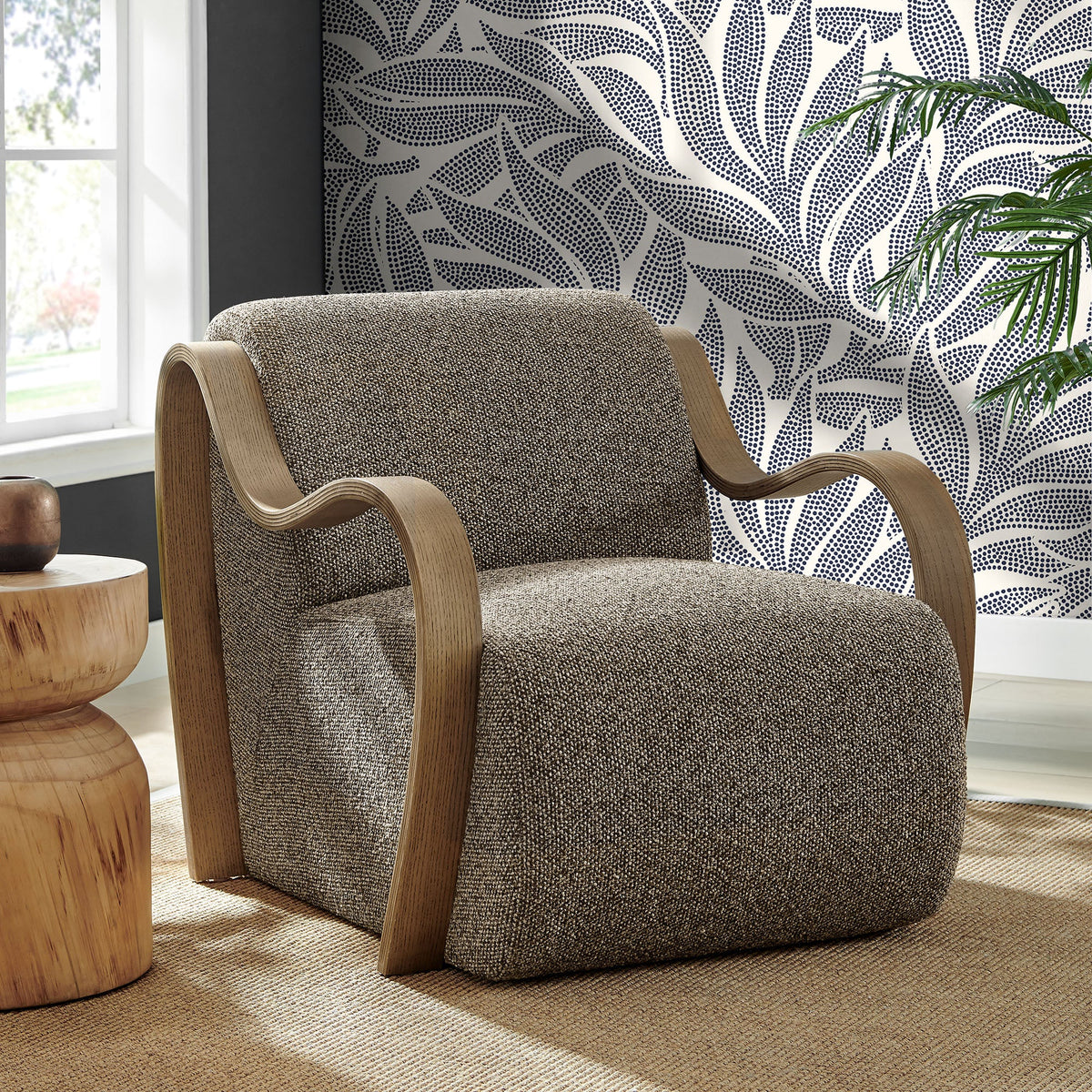 Atrium Lattice Boucle Accent Armchair by Modway, brown boucle with light oak curved arms on Tampa Home & Garden Store