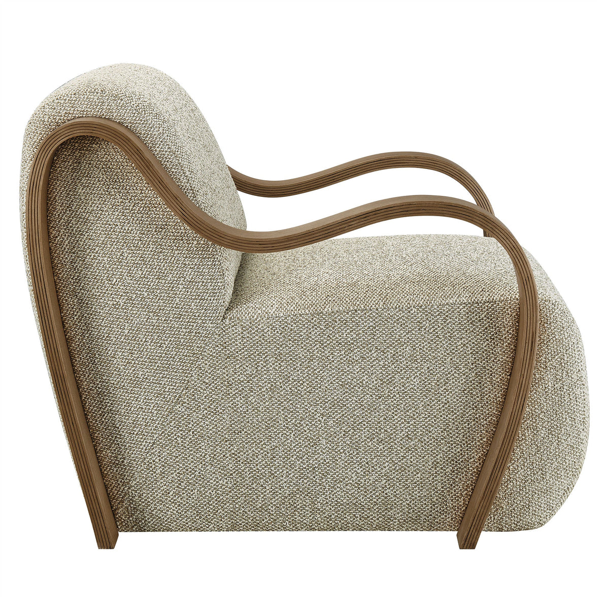 Atrium Lattice Boucle Accent Armchair in beige boucle with curved wooden armrests on Tampa Home & Garden Store