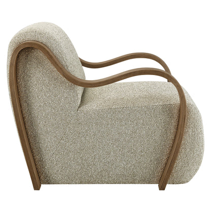 Atrium Lattice Boucle Accent Armchair in beige boucle with curved wooden armrests on Tampa Home & Garden Store
