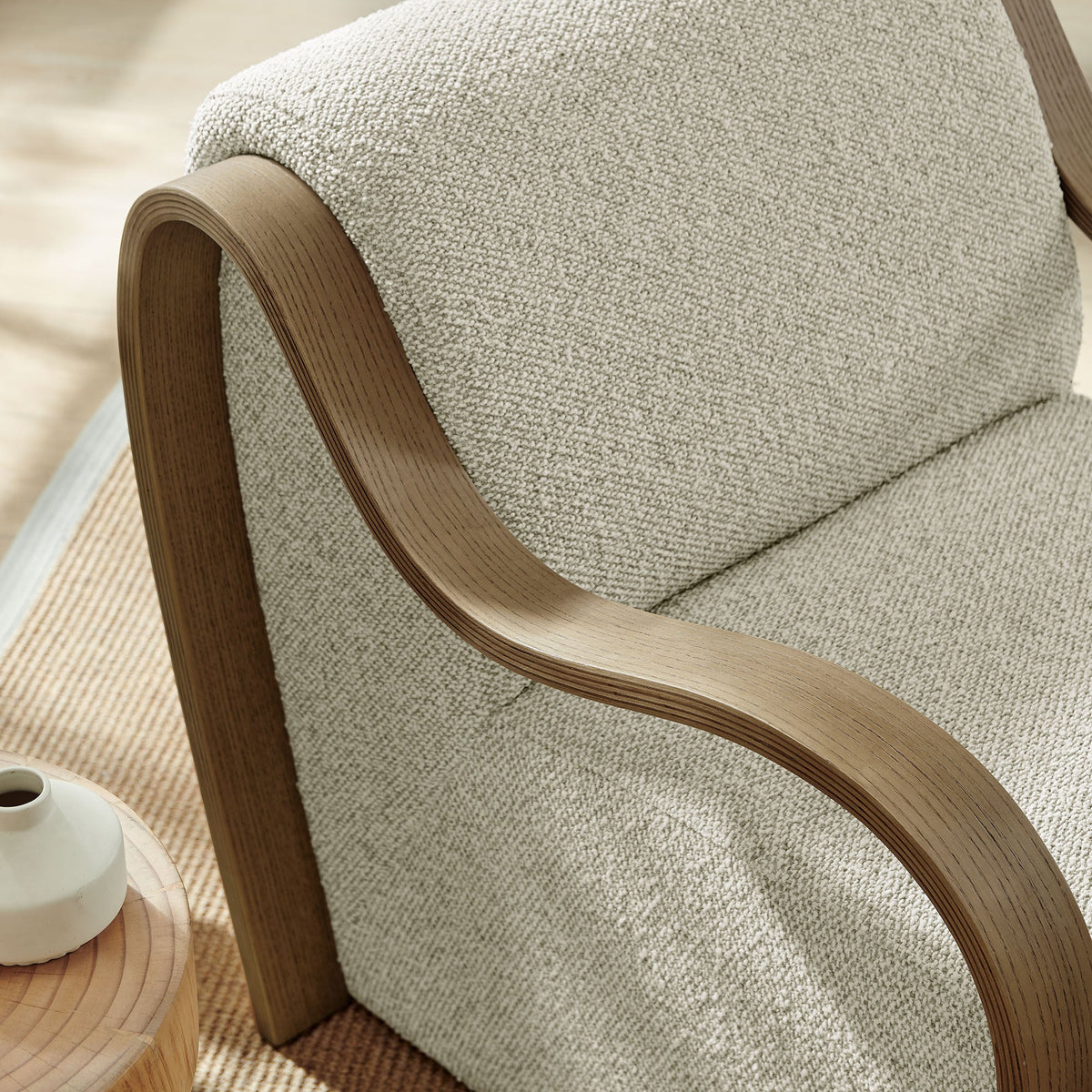 Atrium lattice boucle accent armchair beige boucle upholstery with curved wooden arms on Tampa Home & Garden Store