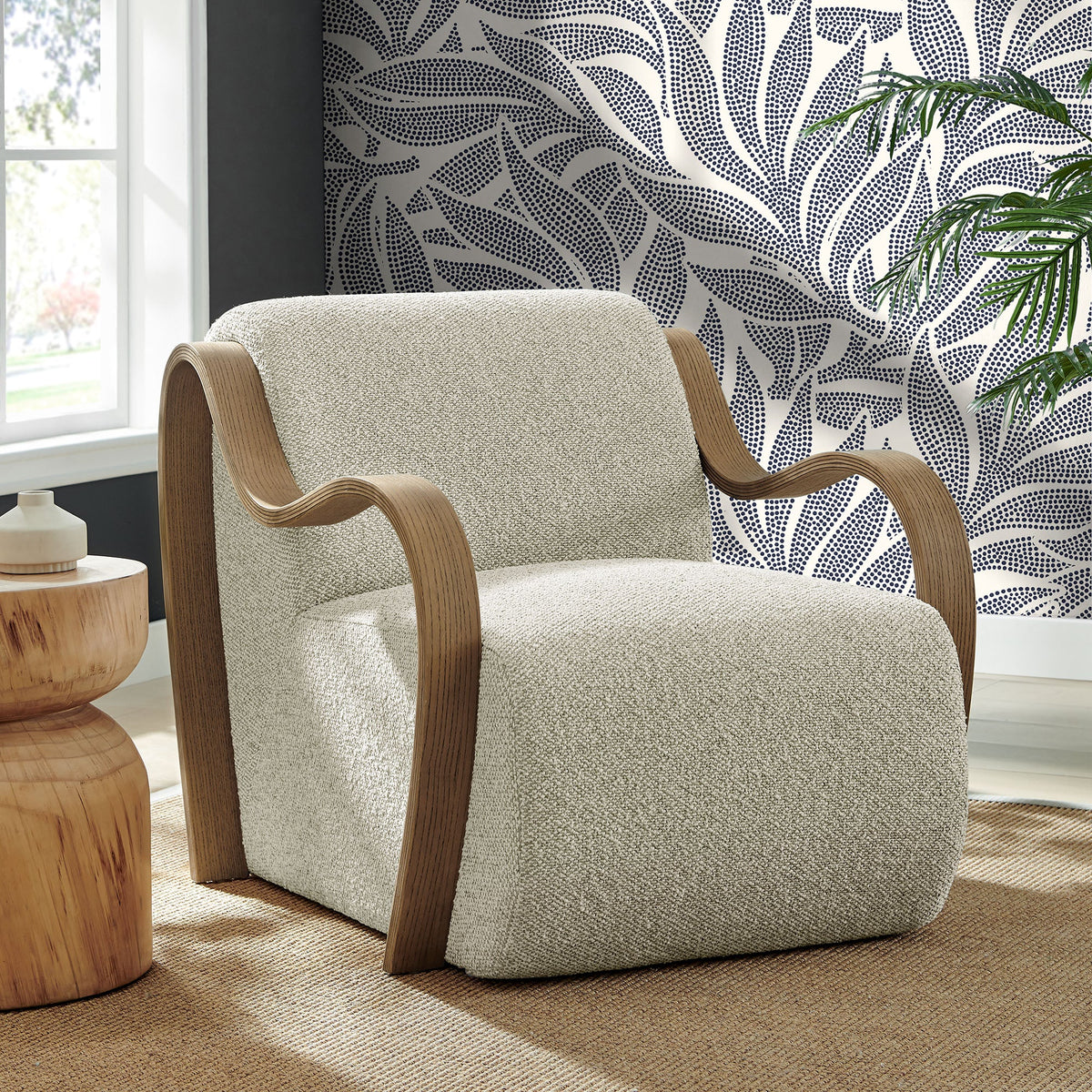Atrium Lattice Boucle Accent Armchair by Modway beige boucle upholstery with curved wood arms on Tampa Home & Garden Store
