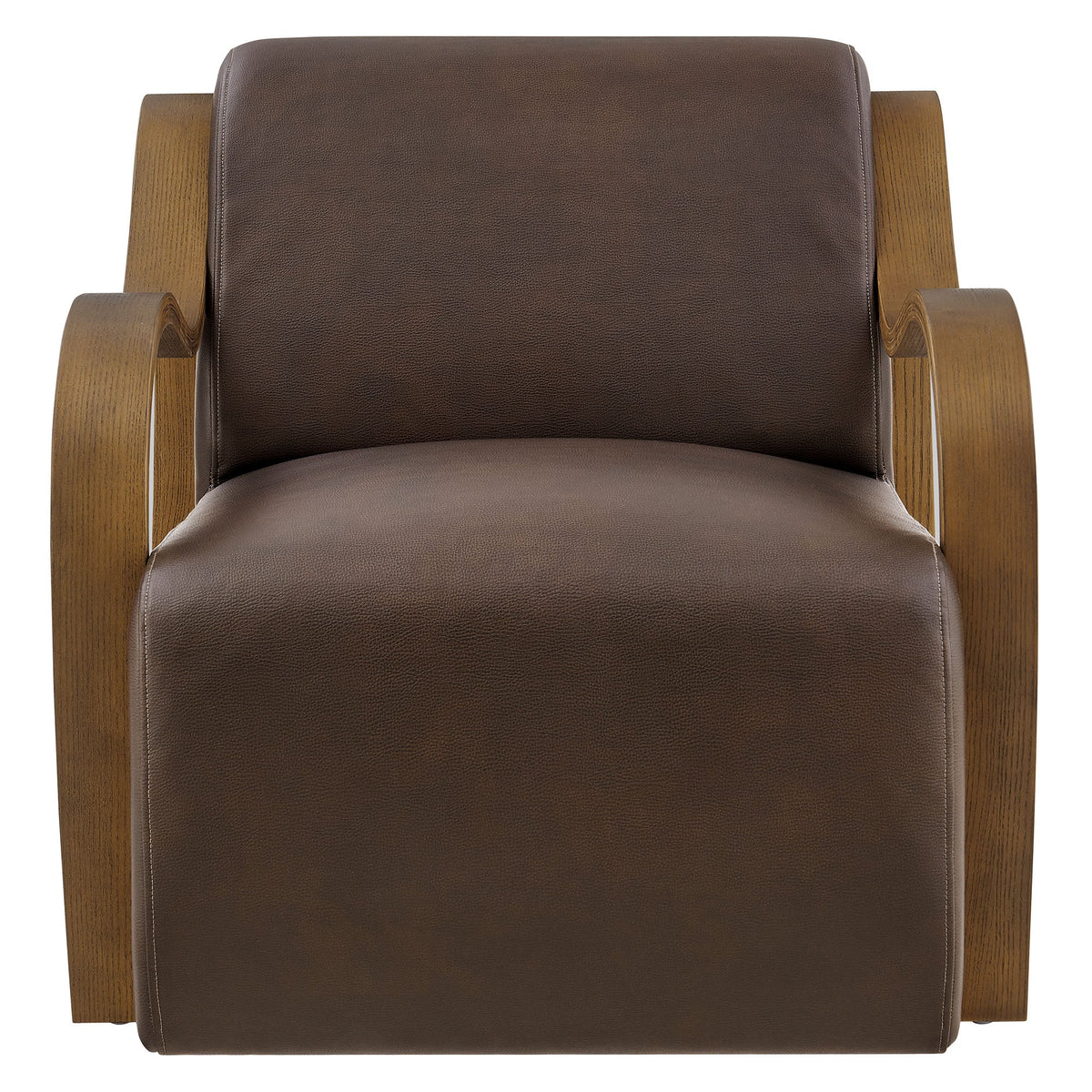 Atrium vegan leather accent armchair with brown upholstery and natural wood armrests on Tampa Home & Garden Store