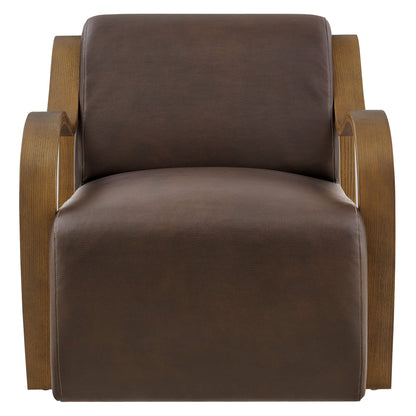 Atrium vegan leather accent armchair with brown upholstery and natural wood armrests on Tampa Home & Garden Store