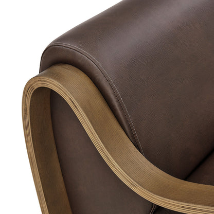 Atrium vegan leather accent armchair in dark brown with wood-toned rolled armrest on Tampa Home & Garden Store