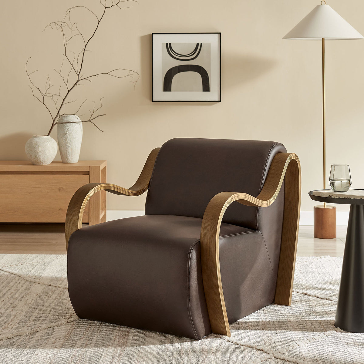Atrium vegan leather accent armchair by Modway with dark upholstery and light wood curved arms on Tampa Home & Garden Store