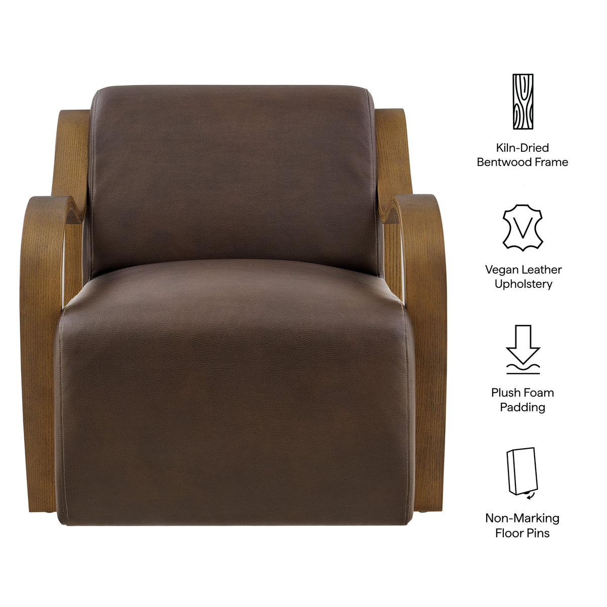 Atrium vegan leather accent armchair with brown upholstery and kiln-dried bentwood frame on Tampa Home & Garden Store
