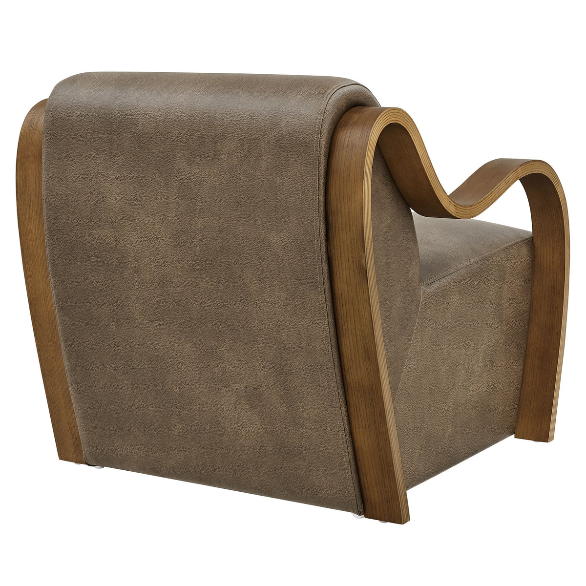 Atrium vegan leather accent armchair with curved wood arms in brown on Tampa Home & Garden Store